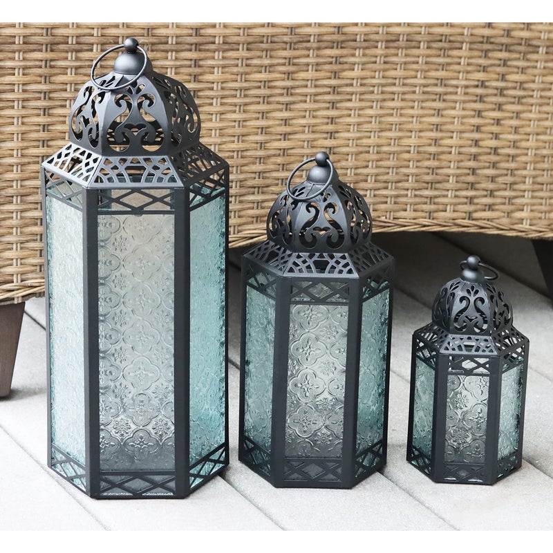 Vela Lanterns فوانيس فيلا المغربية مجموعة ديكورية من 3 لفرش الأرض، زينة رمضان، ديكور داخلي للمنزل، فناء خارجي أو شرفة، حفلات الزفاف، شفاف - Image 3